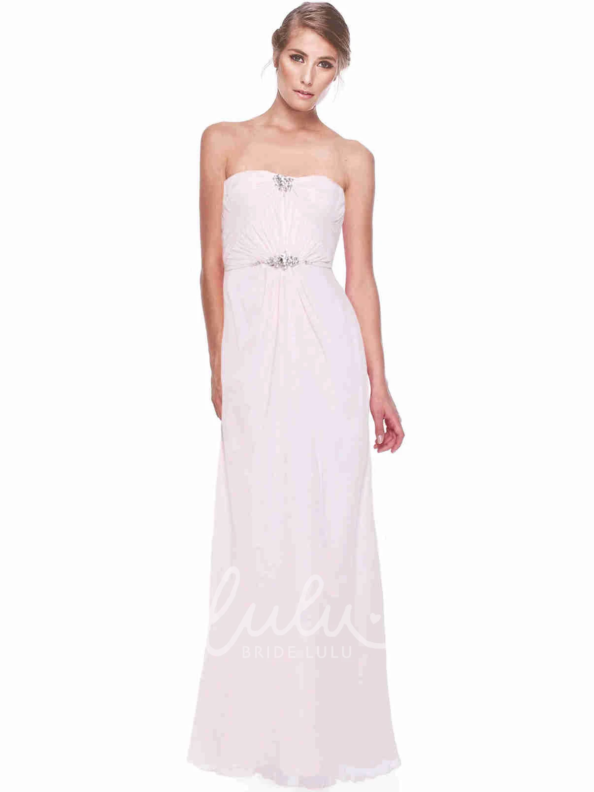 Strapless Ruched Long Chiffon Bridesmaid Dress with Broach Elegant