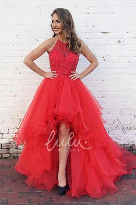 Halter Organza High-Low Dress with Asymmetrical Hemline