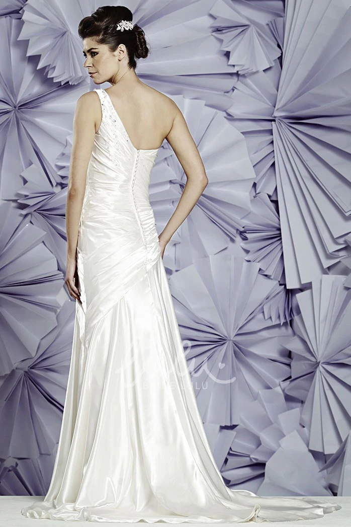One-Shoulder Beaded Satin Wedding Dress with Side Draping Classy Wedding Dress
