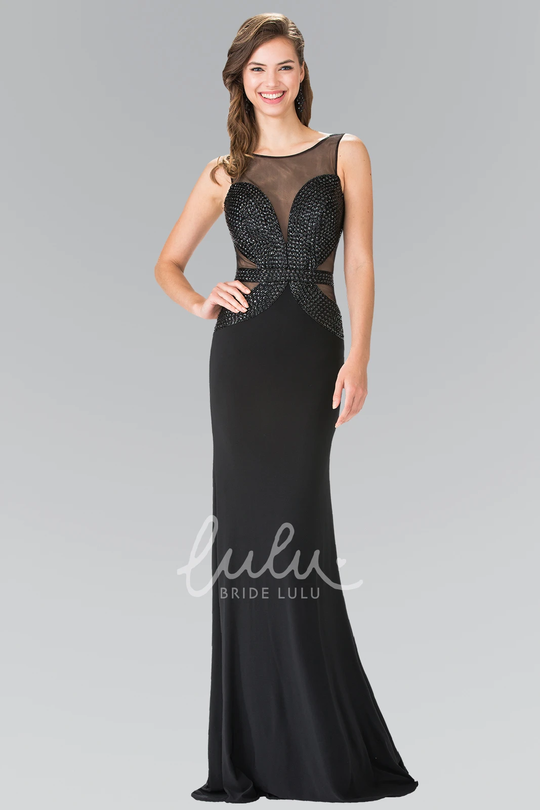 Bateau Sleeveless Chiffon Formal Dress With Beading Long Sheath Style with Deep-V Back