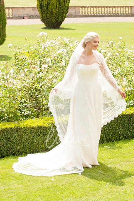 Appliqued Lace Wedding Dress with Long Sleeves Strapless Floor-Length