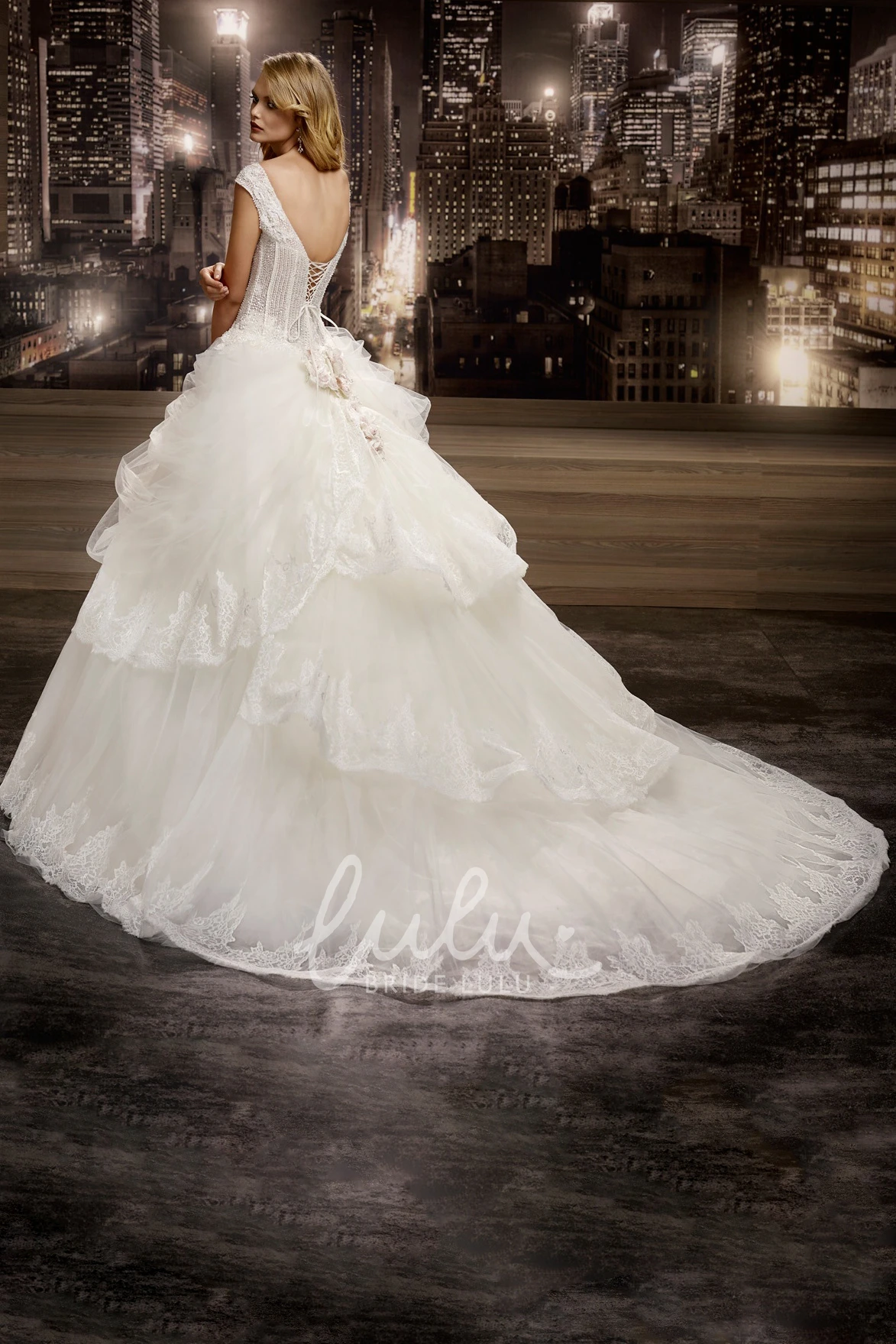 Floral Cap Sleeve Wedding Dress with Lace Corset and Asymmetrical Ruffles Unique Bridal Gown