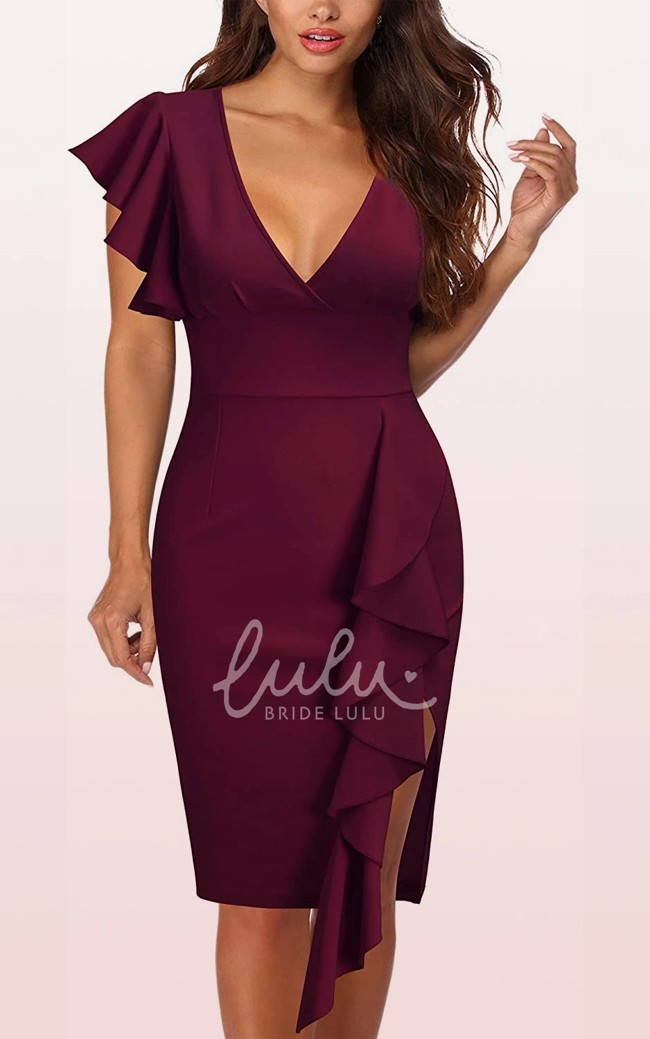 Short Sleeve Taffeta Ruffle Pencil Formal Dress with Modern Zipper