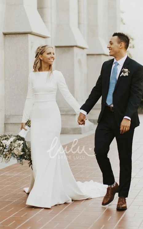 Modest White Mermaid Long Sleeved Simple Boat Neck Wedding Dress Elegant Women Country Bridal Gown