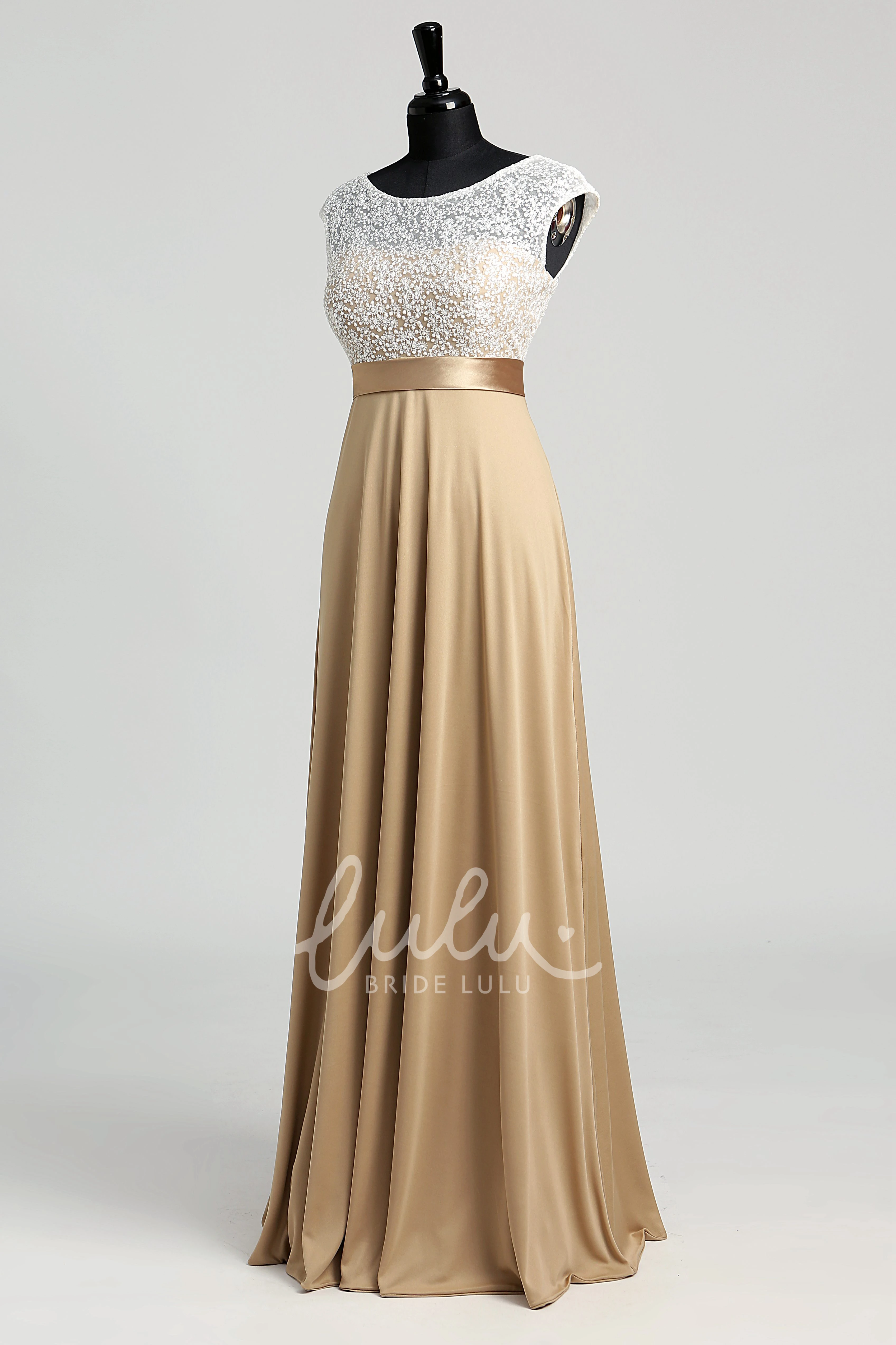 Lace A-line Short Sleeve Bridesmaid Dress with Sash and Bateau Neckline