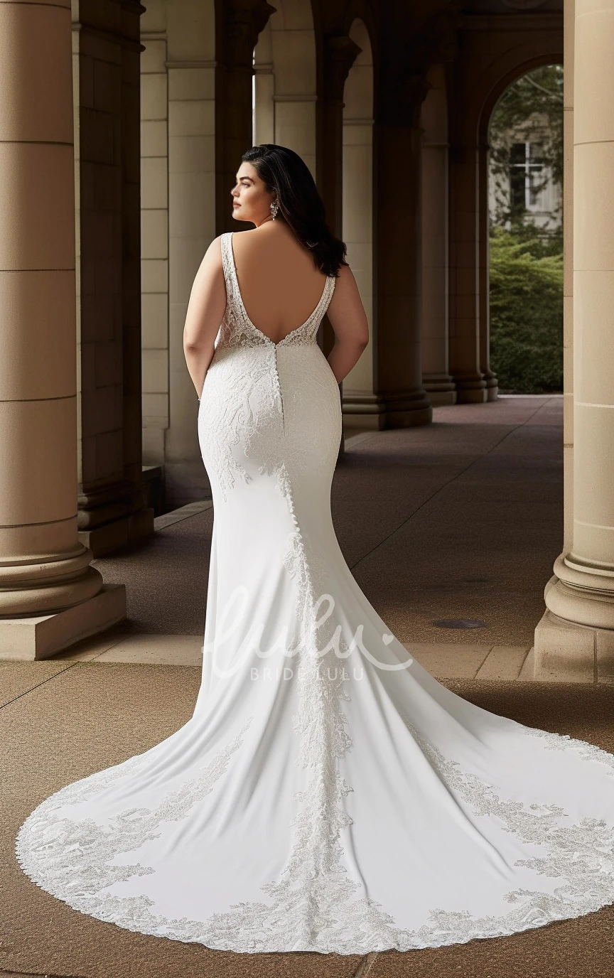 Plus Size Mermaid Lace Wedding Dress with Appliques V-neck Court Train
