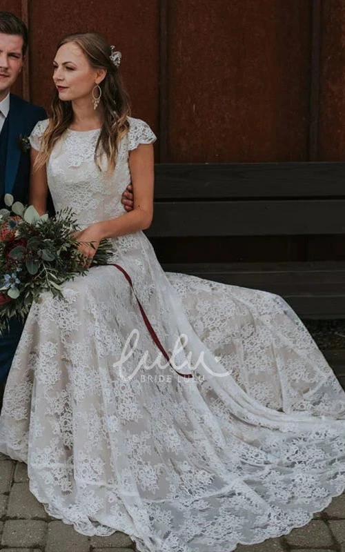 Vintage Boho A-Line Lace Jewel Neck Modest Summer Wedding Dress Destination Country Garden Floor-length Button Ruffles V Back Bridal Gown with Sweep Train