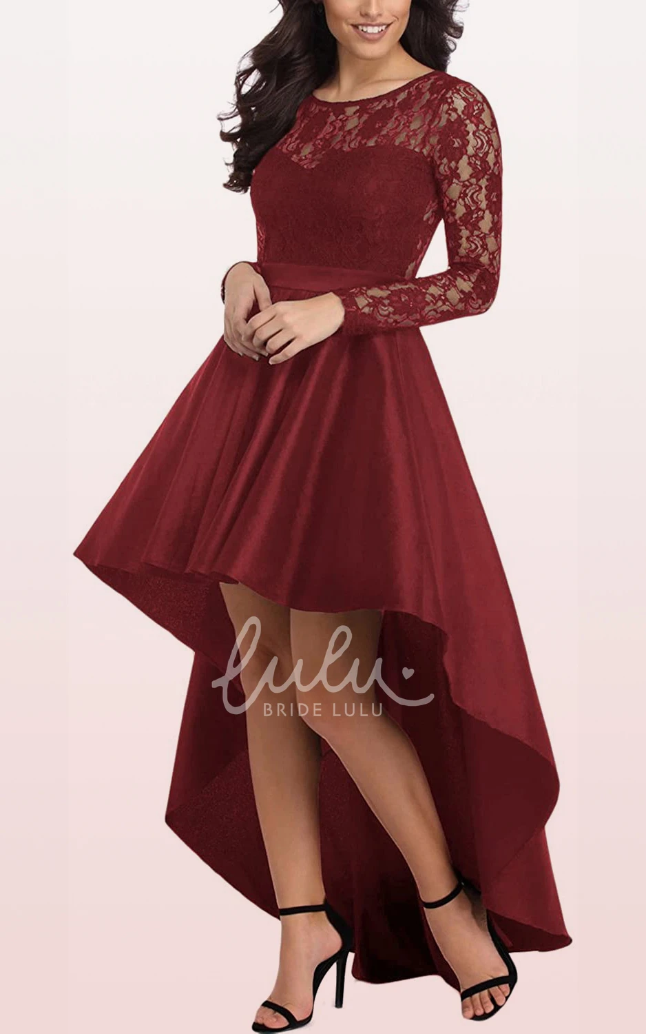 Long Sleeve Lace Taffeta Illusion Formal Dress with Ruffles