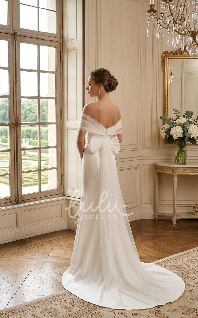 Sexy Elegant Floor-length Mermaid Off-the-shoulder Vow Renewal Spring Wedding Dress with V Back Bows Train