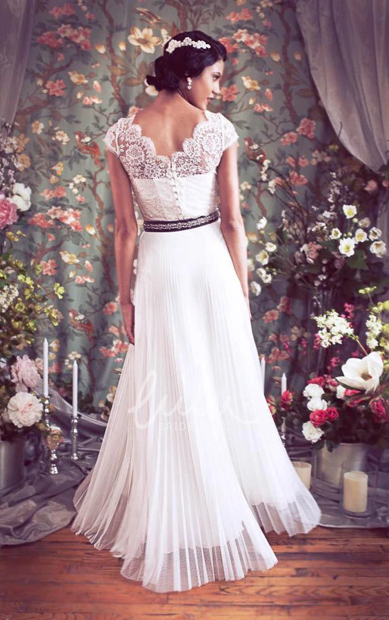 Chiffon Winter Wedding Dress with Cap Sleeves and Button Back Bateau Neckline