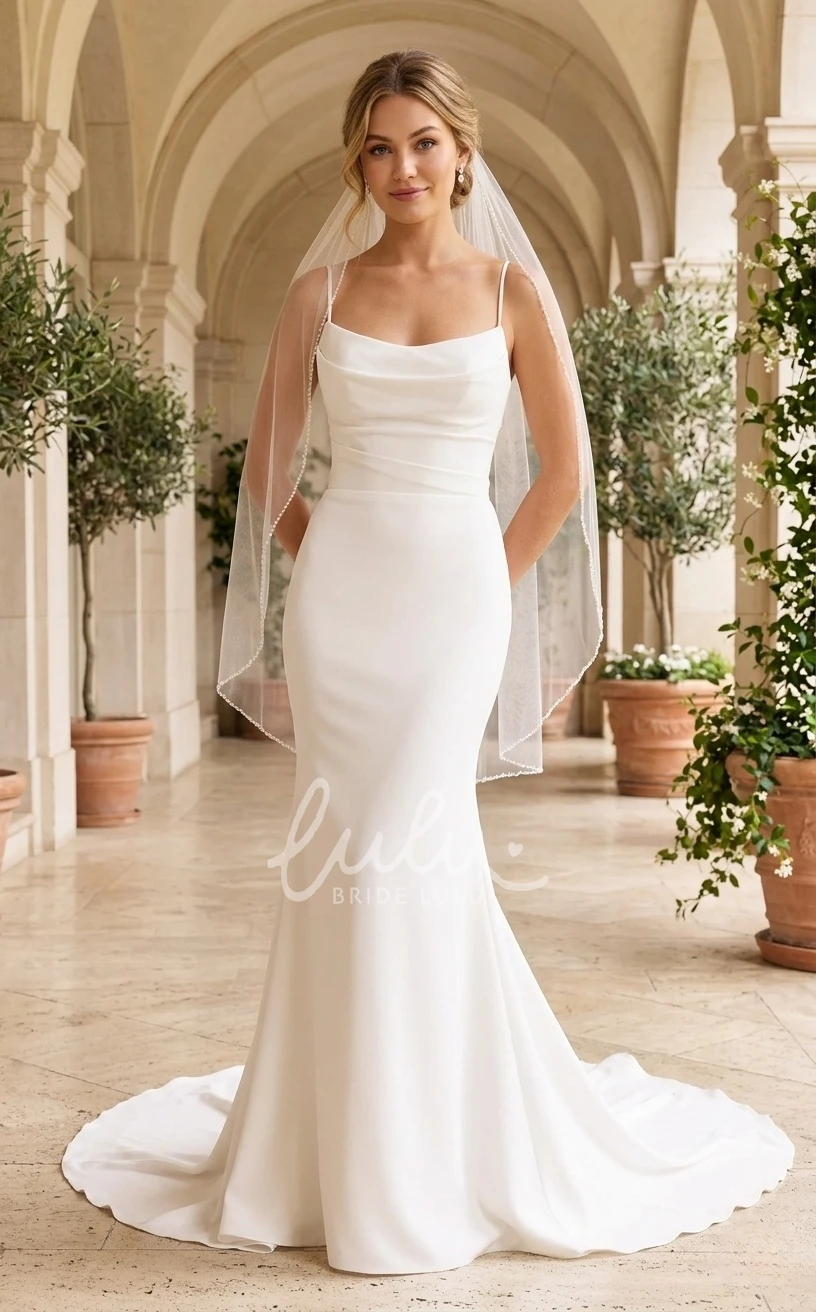 Sexy Minimalist Mermaid Spaghetti Straps Spring Wedding Dress Beach Country Cowl Neckline Bridal Gown with Train