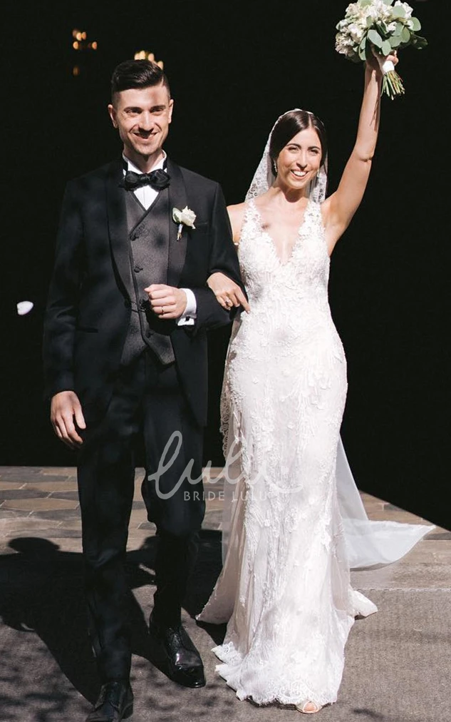 Sexy V-neck Wedding Dress with Appliques Mermaid Lace Tulle