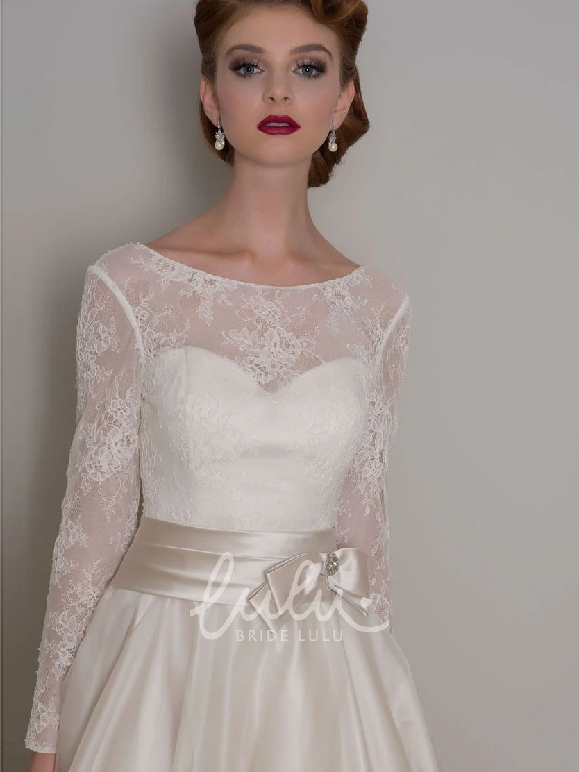 Satin&Tulle Floor-Length A-Line Wedding Dress with Bow Lace Long-Sleeve Bridal Gown