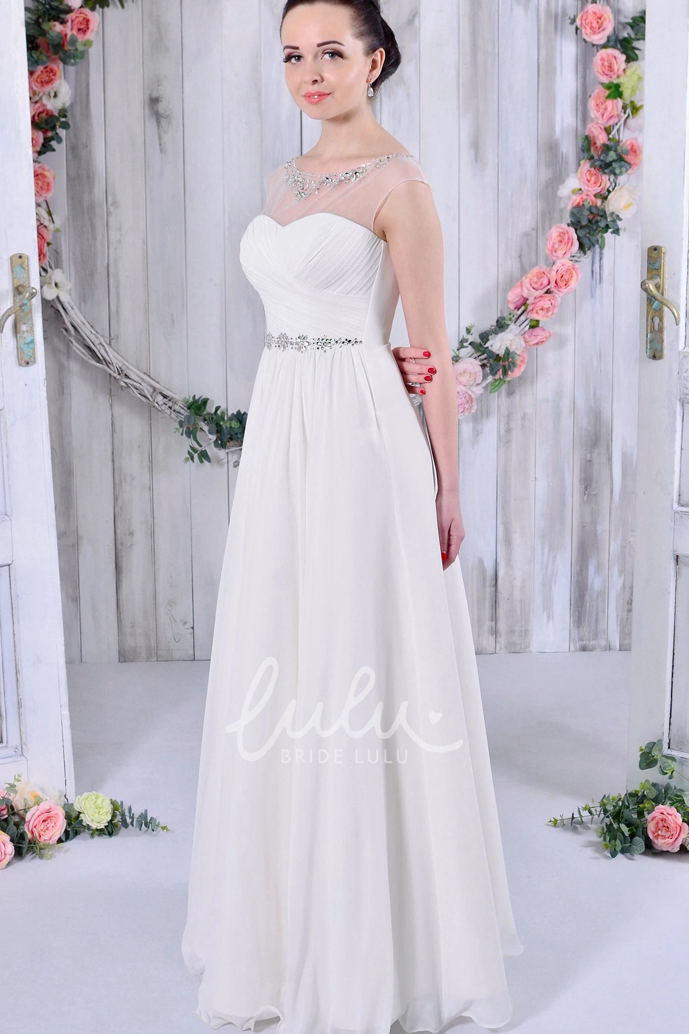 A-Line Chiffon Wedding Dress with Beading Criss-Cross Neckline and Waist Jewelry