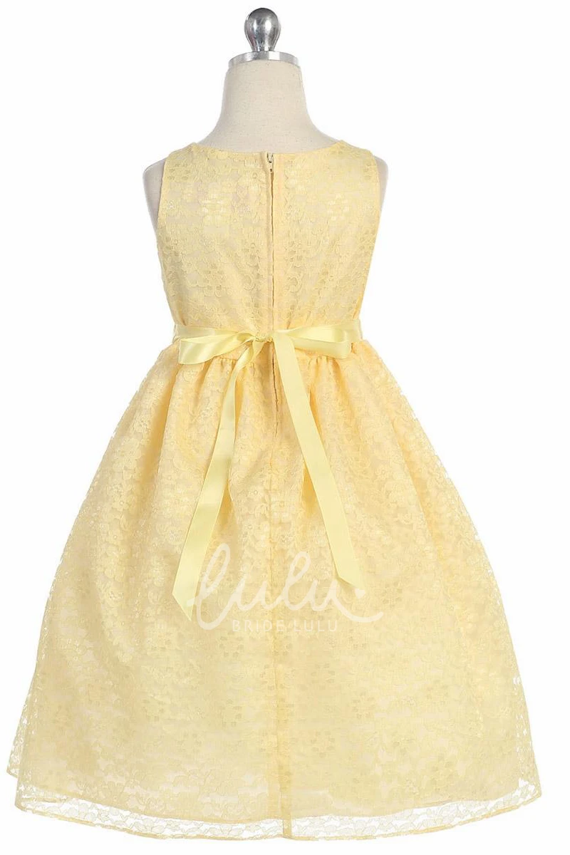 Lace Tea-Length Flower Girl Dress with Floral Design