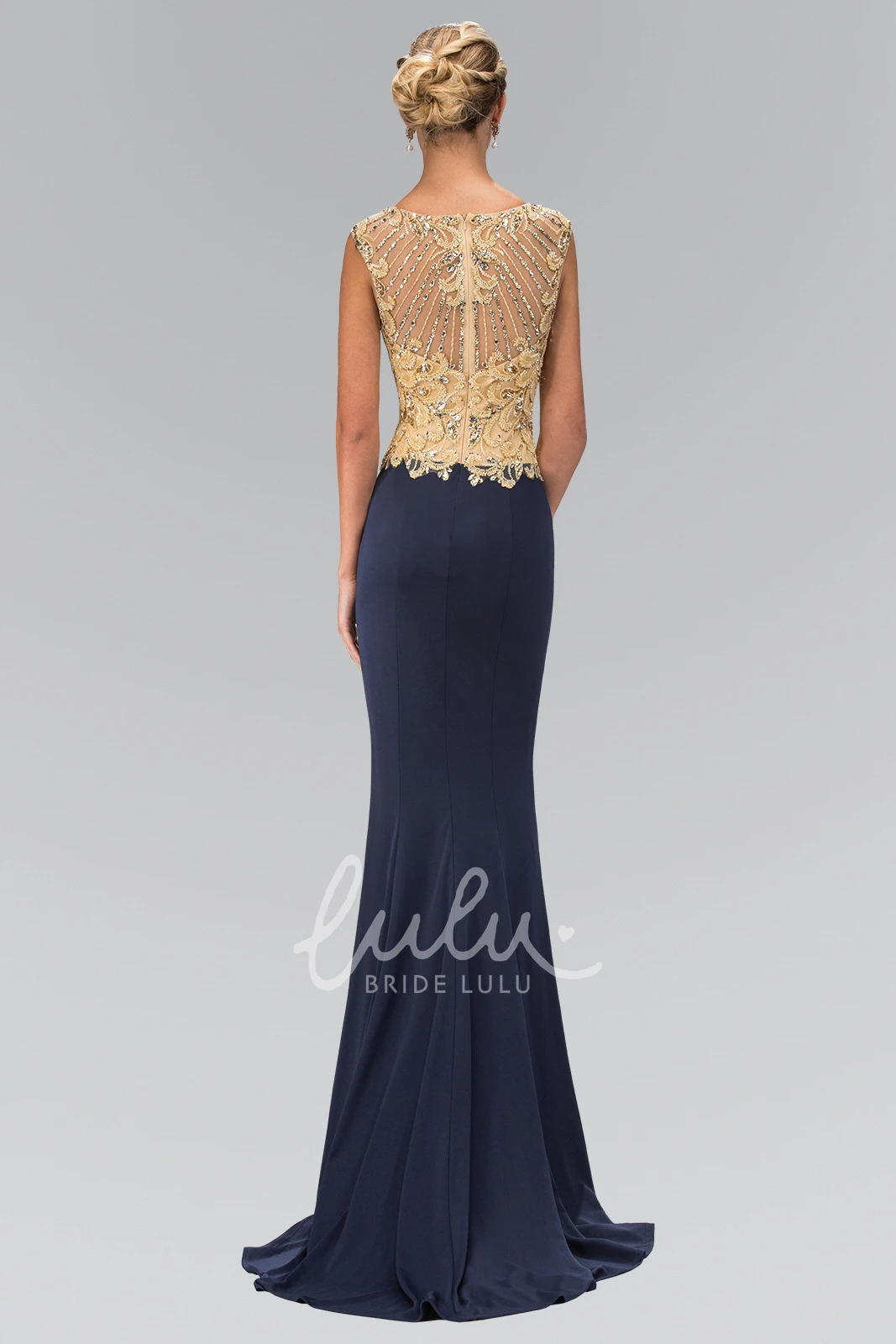 Cap-Sleeve Sheath Prom Dress with Scoop-Neck Beading and Appliques
