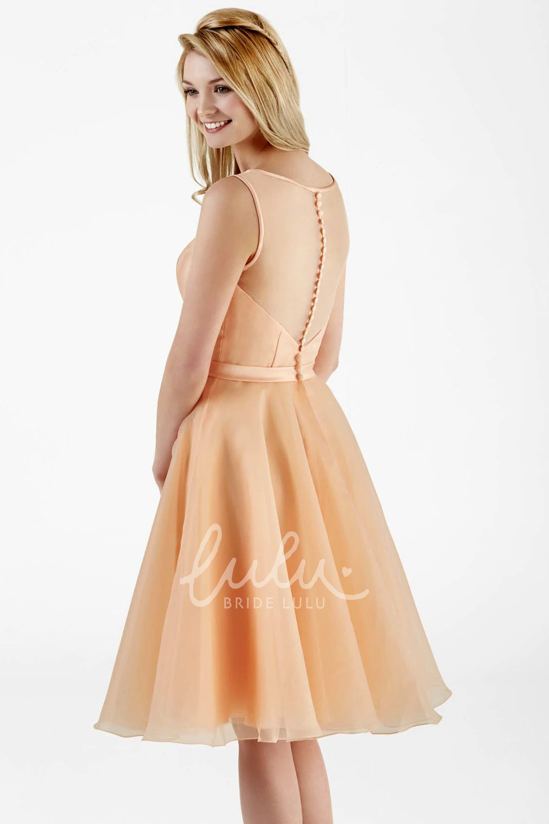 A-Line Sleeveless Organza Bridesmaid Dress with Floral Design in Knee-Length