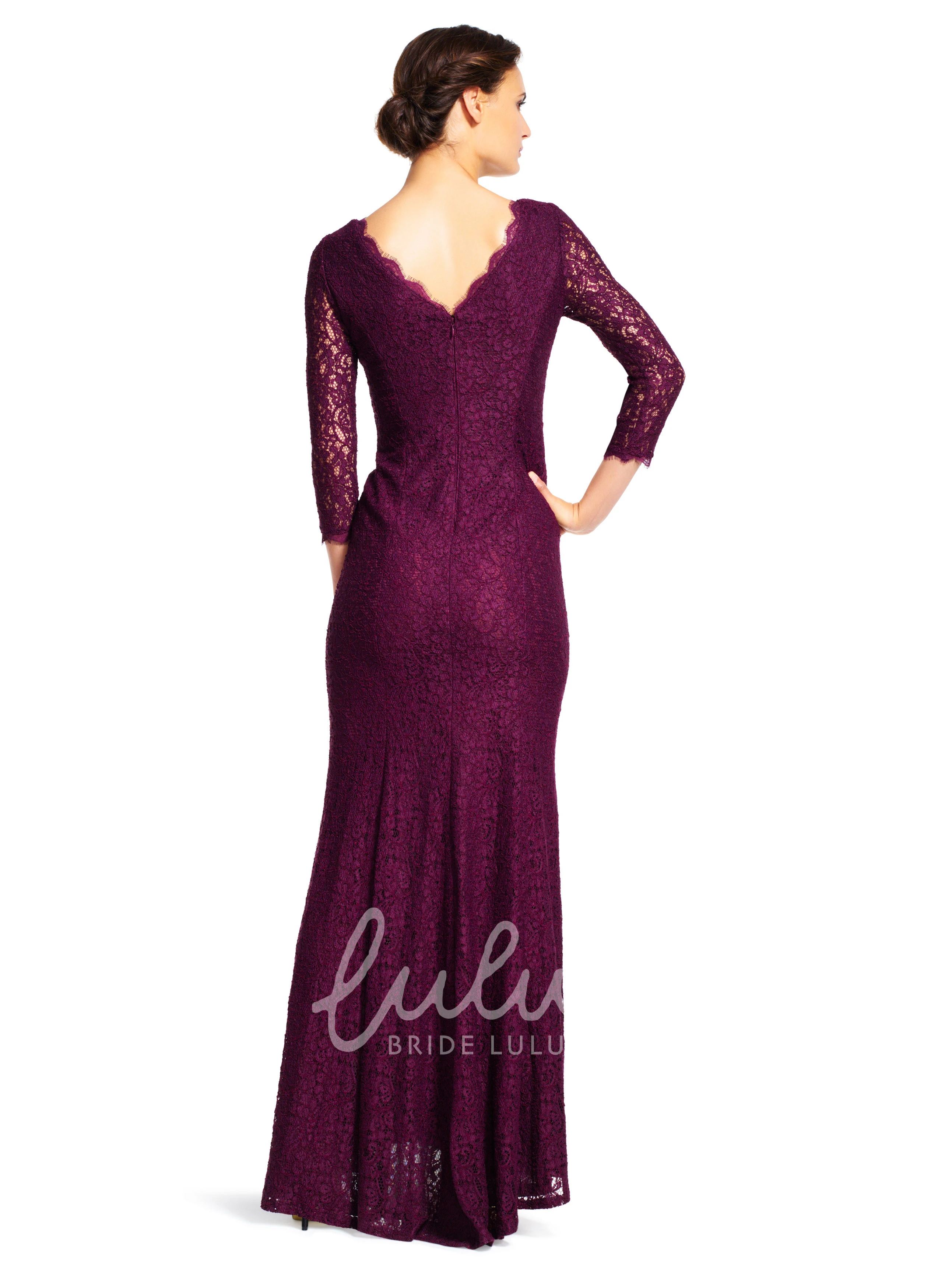 Lace Sheath Bridesmaid Dress with 3/4 Sleeves and V-Back Maxi