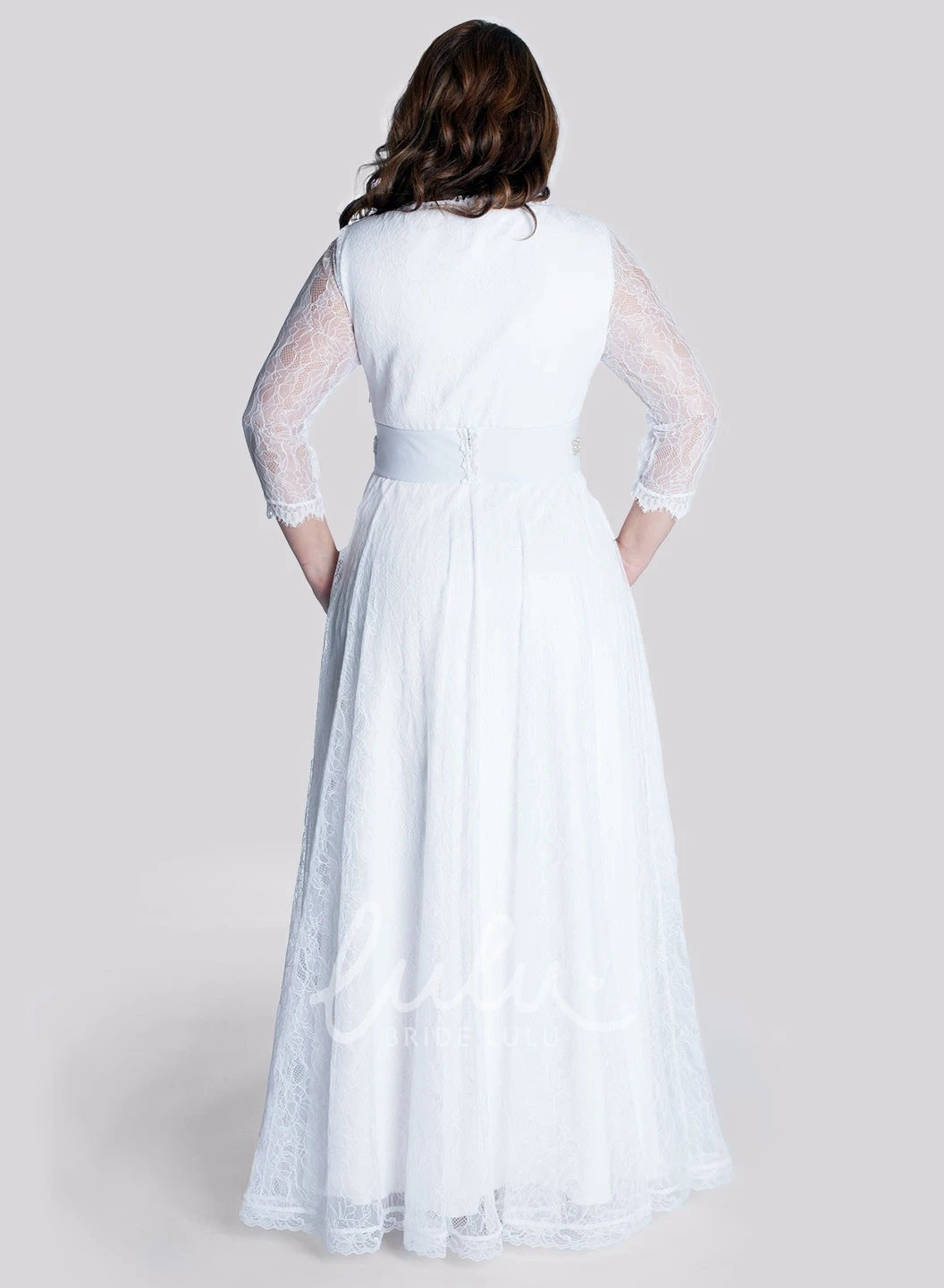 A-Line Lace V-Neck Wedding Dress with Long Sleeves and Jeweled Waist