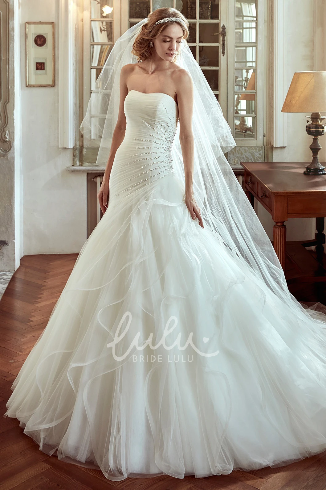 Pearl Embellished Strapless Wedding Dress with Side Draping