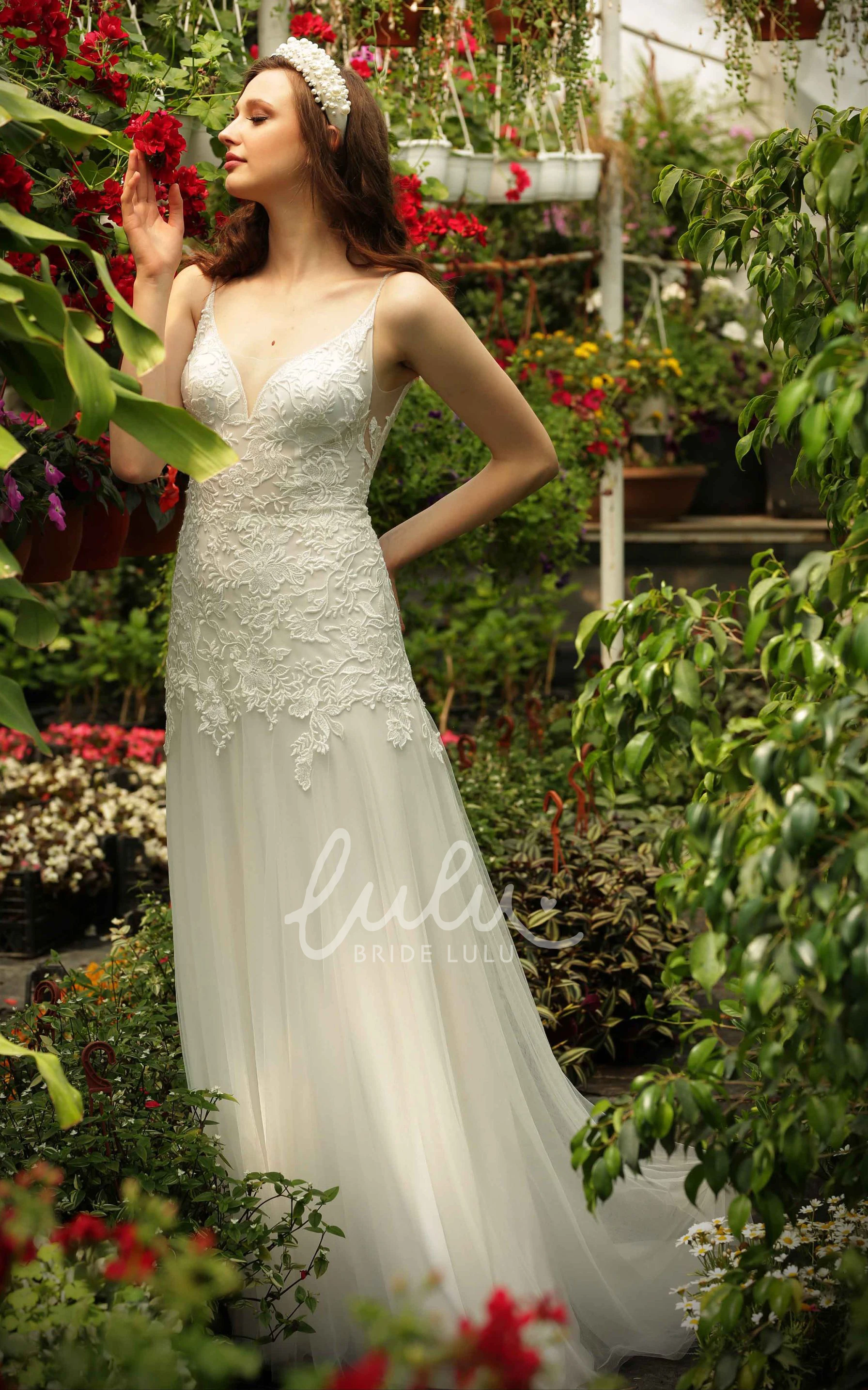 Bohemian Lace Spaghetti A-Line Brush Train Wedding Dress with Appliques Flowy & Unique