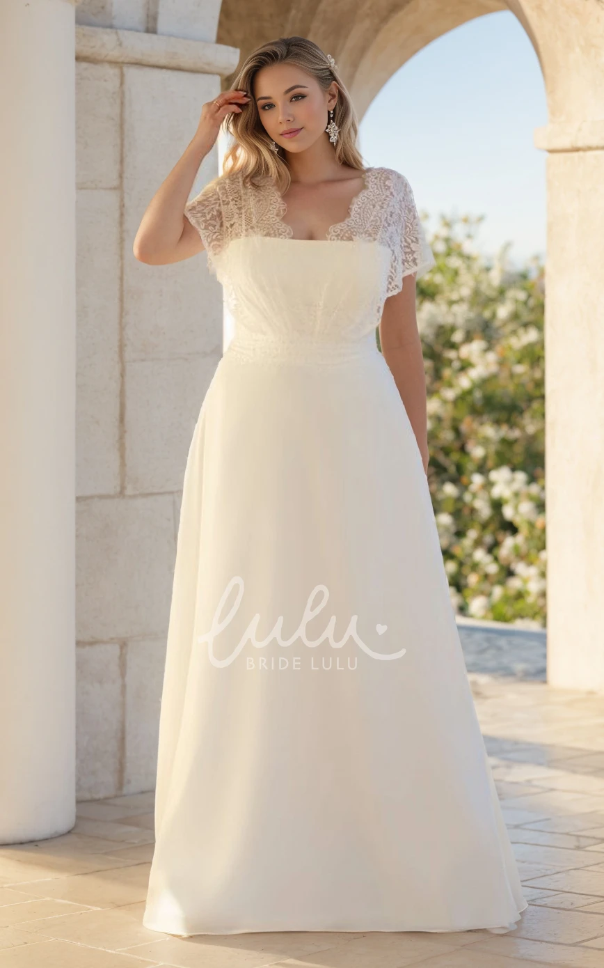 Romantic Plus Size A-Line Chiffon Wedding Dress with Lace Cape Sleeves for Romantic Outdoor Ceremony