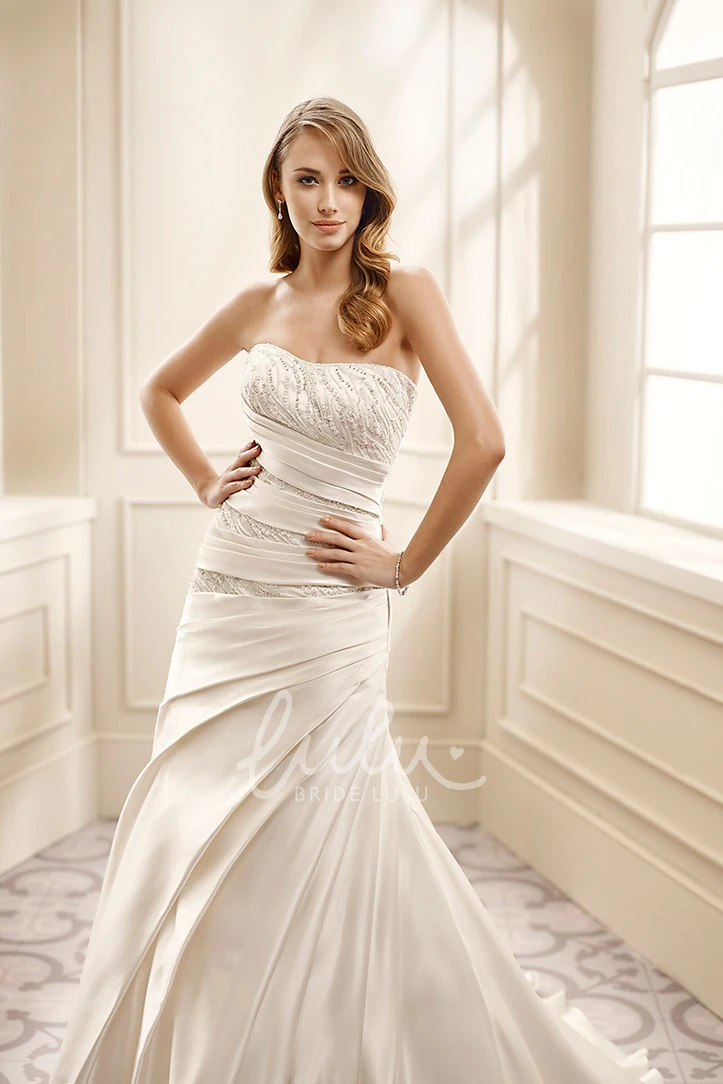 Satin Strapless Wedding Dress with Beading Sheath Floor-Length Side-Draped