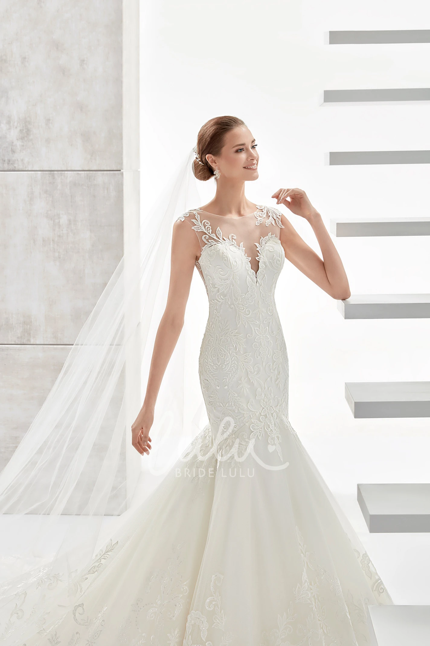 Lace Mermaid Wedding Dress with Jewel Neckline and Brush Train Elegant Bridal Gown