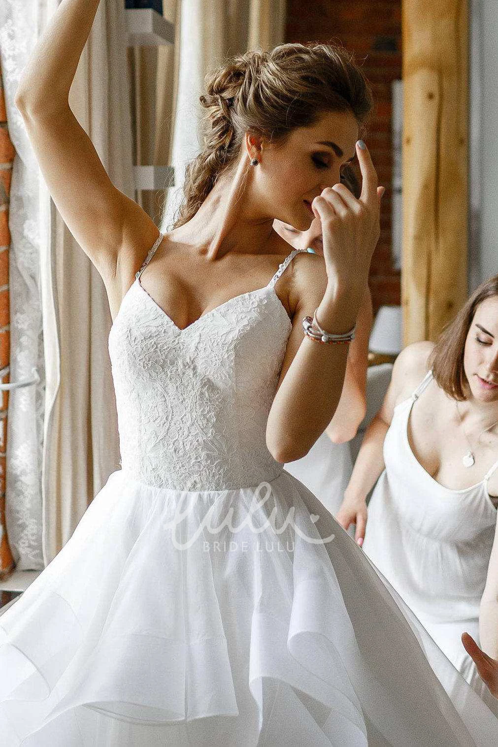 Layered Spaghetti Wedding Dress with Lace Top