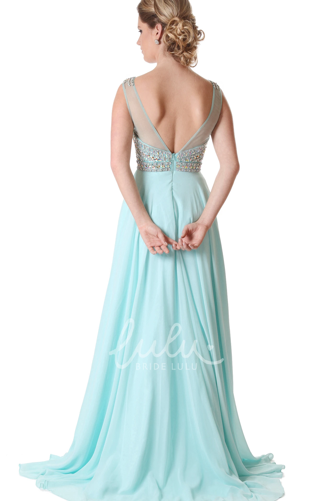 A-Line Beaded Sleeveless Chiffon Evening Dress with Jewel-Neck Floor-Length