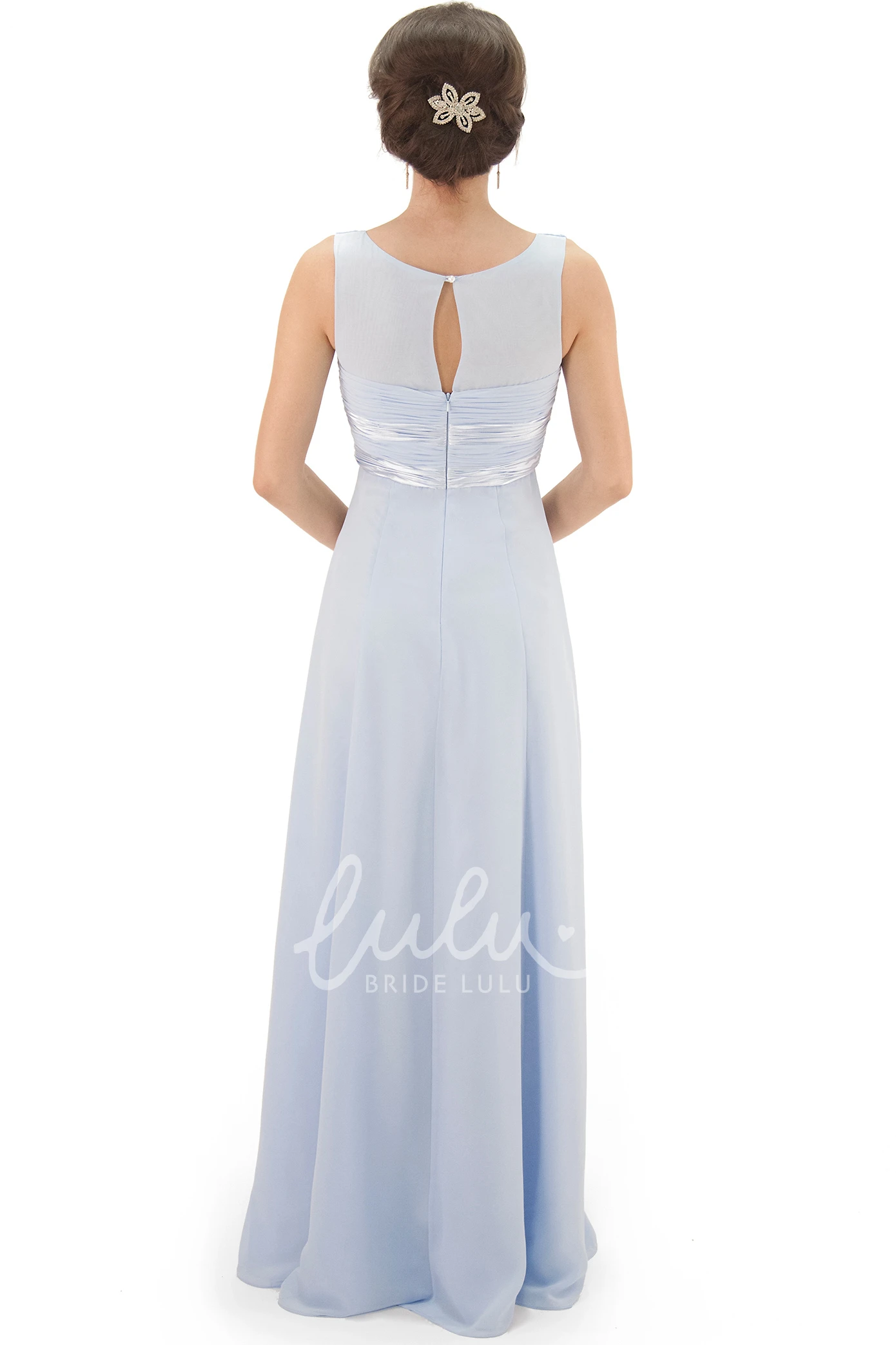 Maxi V-Neck Ruched Chiffon Bridesmaid Dress with Pleats and Illusion Unique Bridesmaid Dress