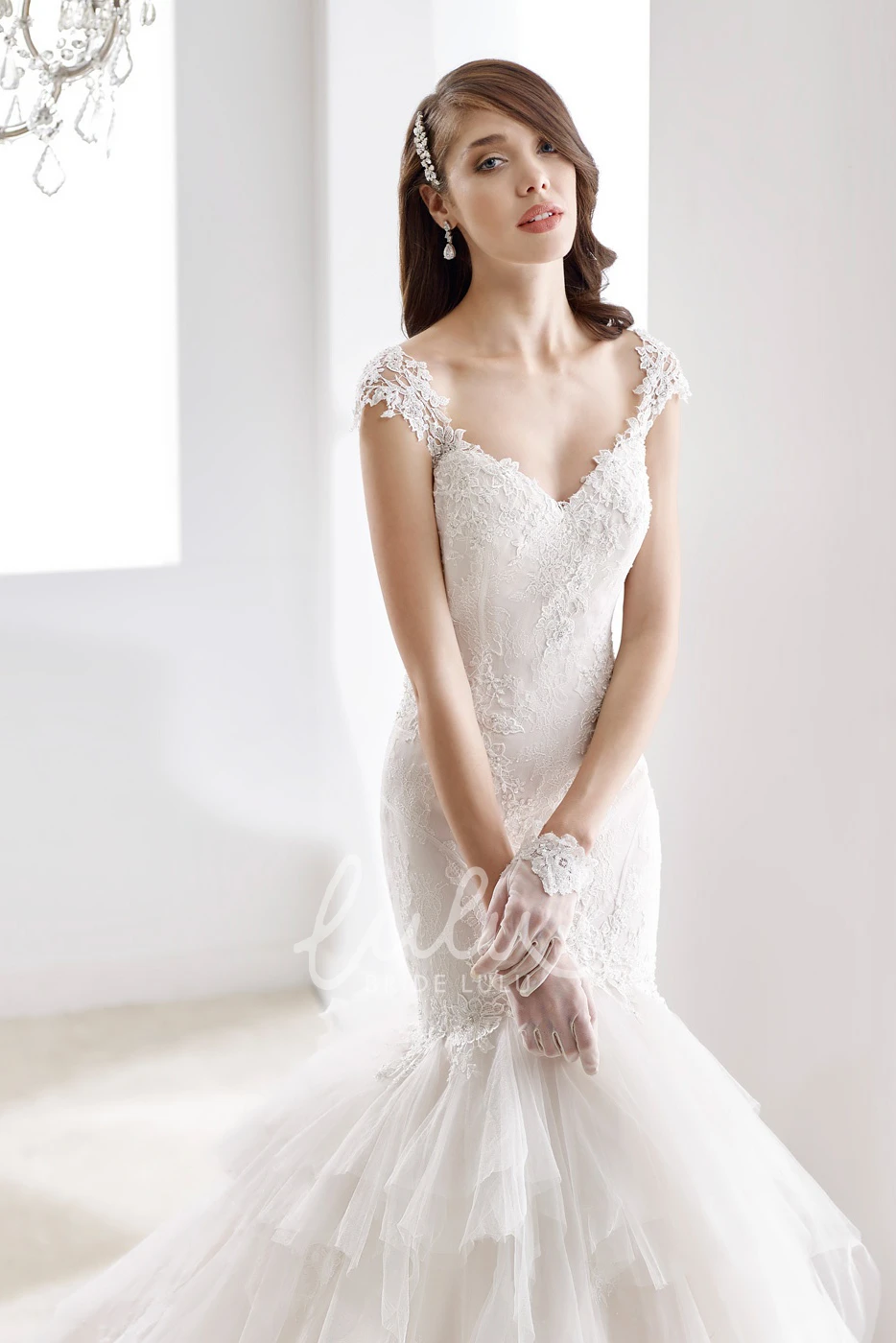 Sheath Wedding Dress with Cap Sleeves and Tier Ruching Train Sweetheart Style