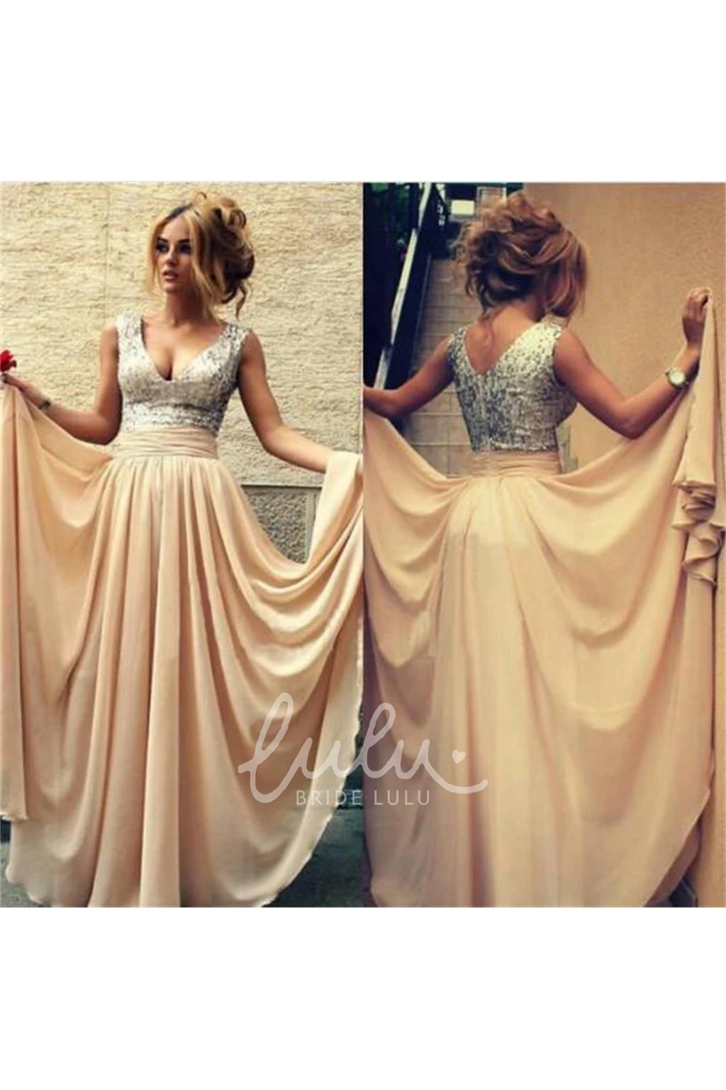 Sequins A-Line Dress with V-neckline Floor-length