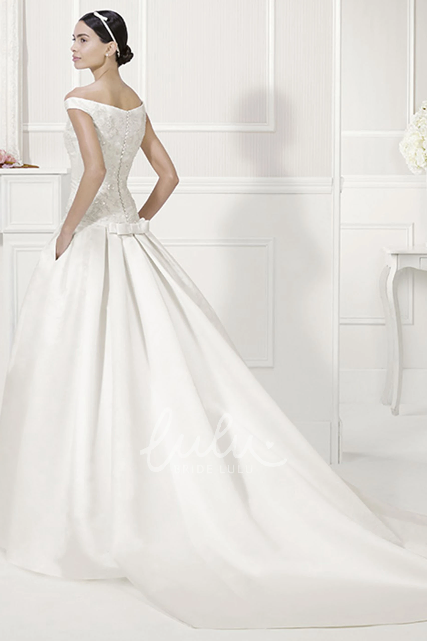 Off Shoulder Satin Bridal Ball Gown with Bow Sash Drop Waist Elegant Wedding Dress