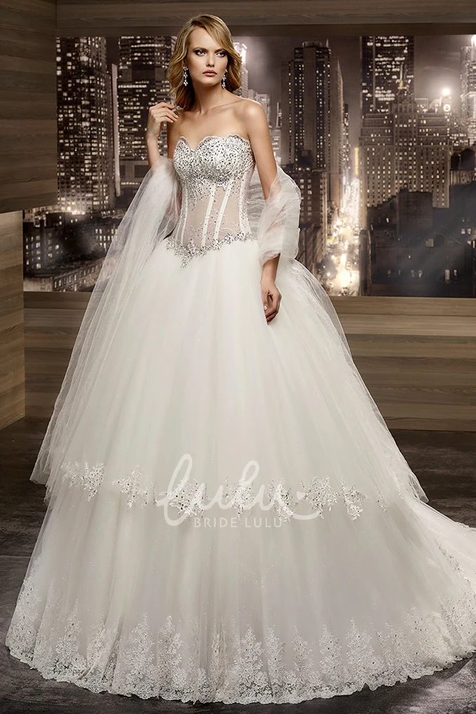 Beaded Illusion Corset A-Line Wedding Dress with V-Waist and Tiered Skirt