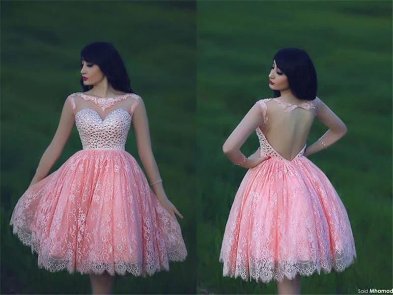 Unique Pink Homecoming Dress with Beadings and Lace Appliques