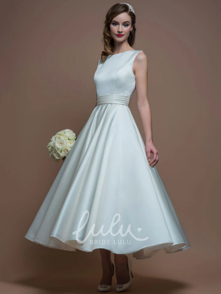 Jewel-Neck Satin Tea-Length Wedding Dress with Sleeveless A-Line and V Back