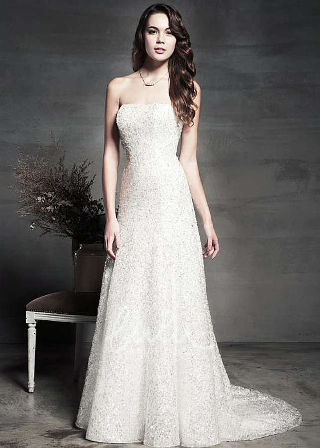 A-Line Sequin Strapless Sleeveless Wedding Dress Long and Elegant