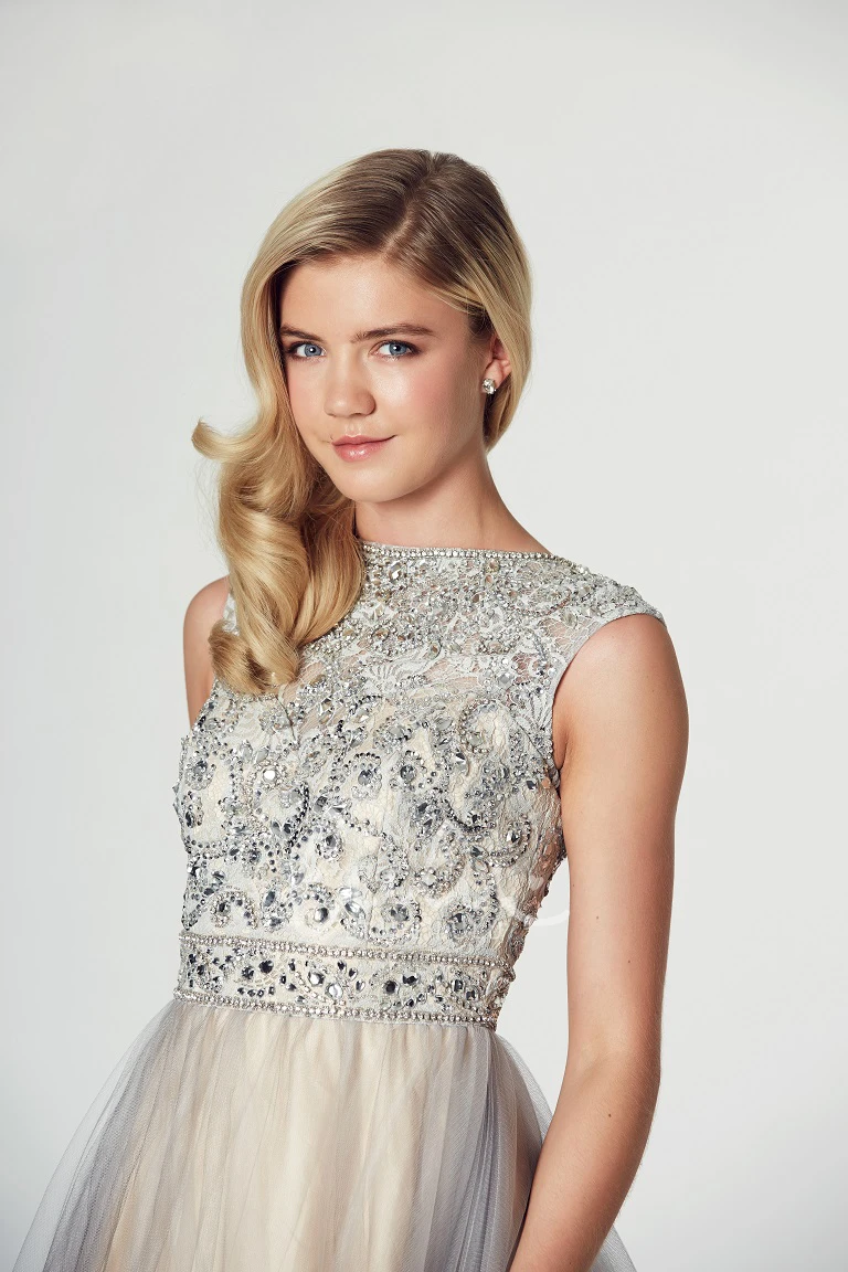 Tulle and Satin A-Line Prom Dress with Beaded Jewel and Low-V Back