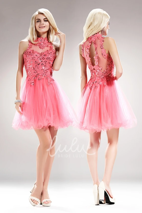 High Neck Mini Tulle Dress with Sequins and Appliques for a Unique Look