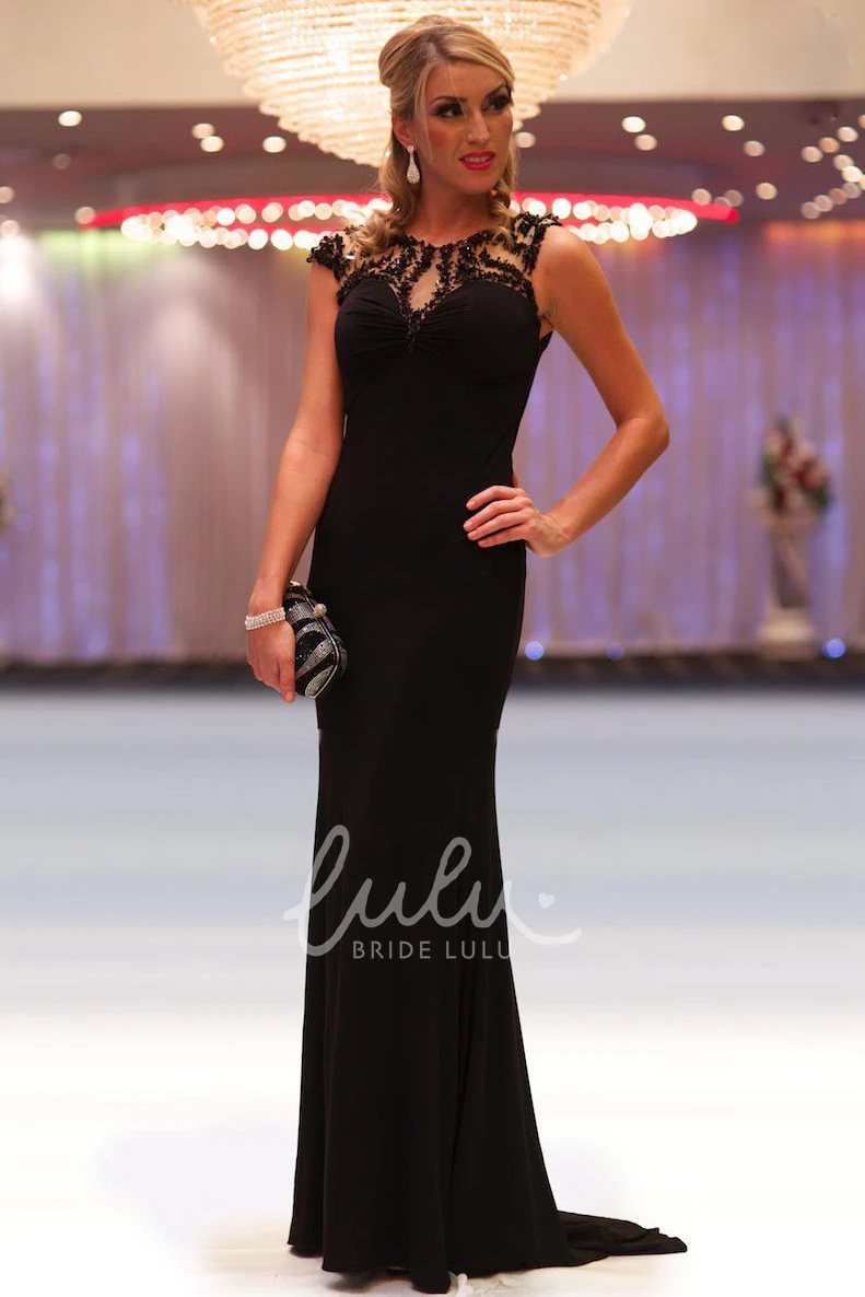 Sheath Chiffon Prom Dress with Beaded Cap-Sleeves Scoop-Neck Long Pleated