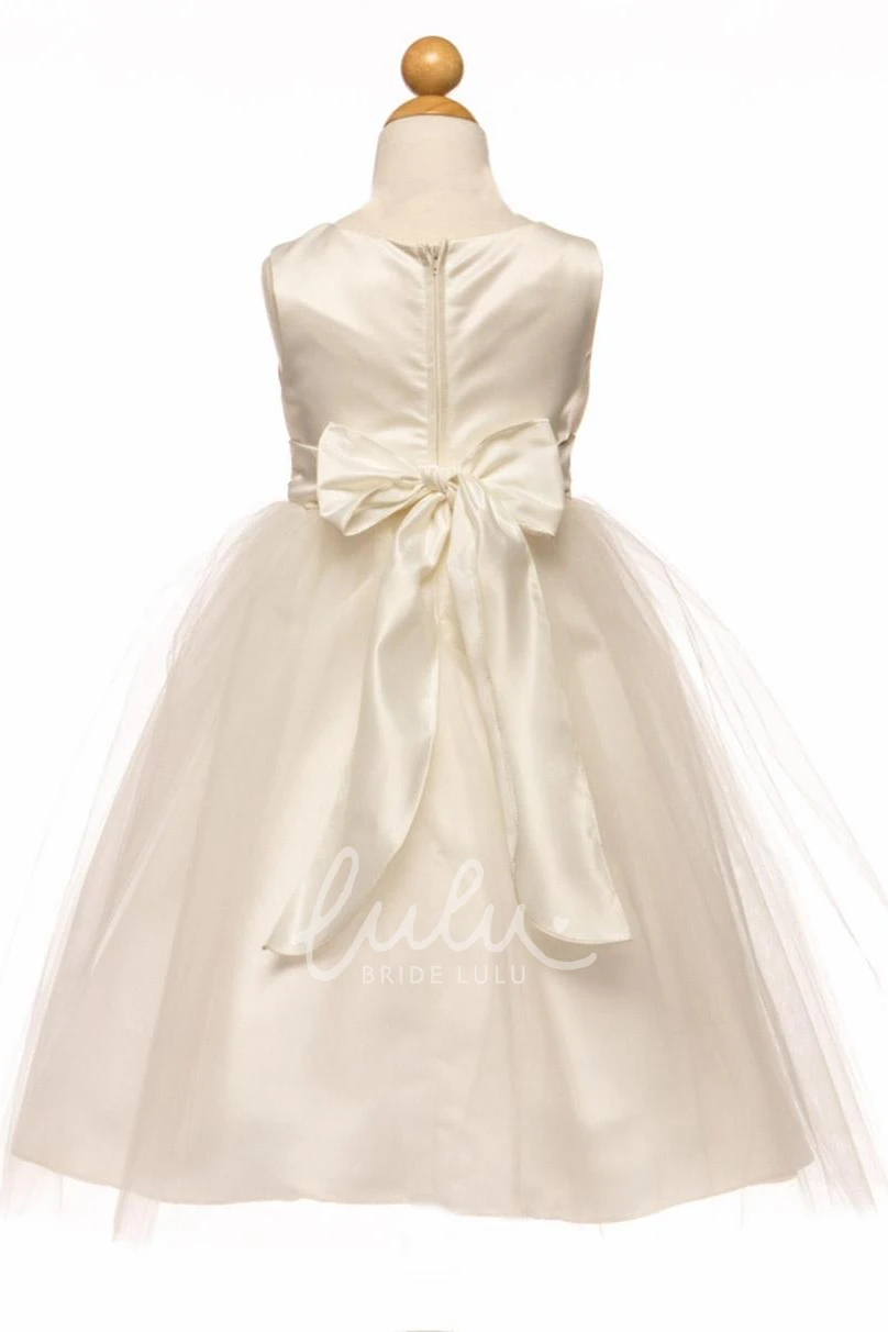 Tea-Length Tulle & Satin Flower Girl Dress with Beads and Brooch Modern Design
