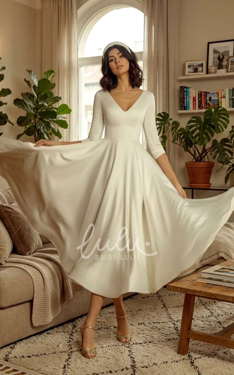 Simple Casual A-Line Long Sleeve V-neck Modest Tea-length Spring Wedding Dress Gowns