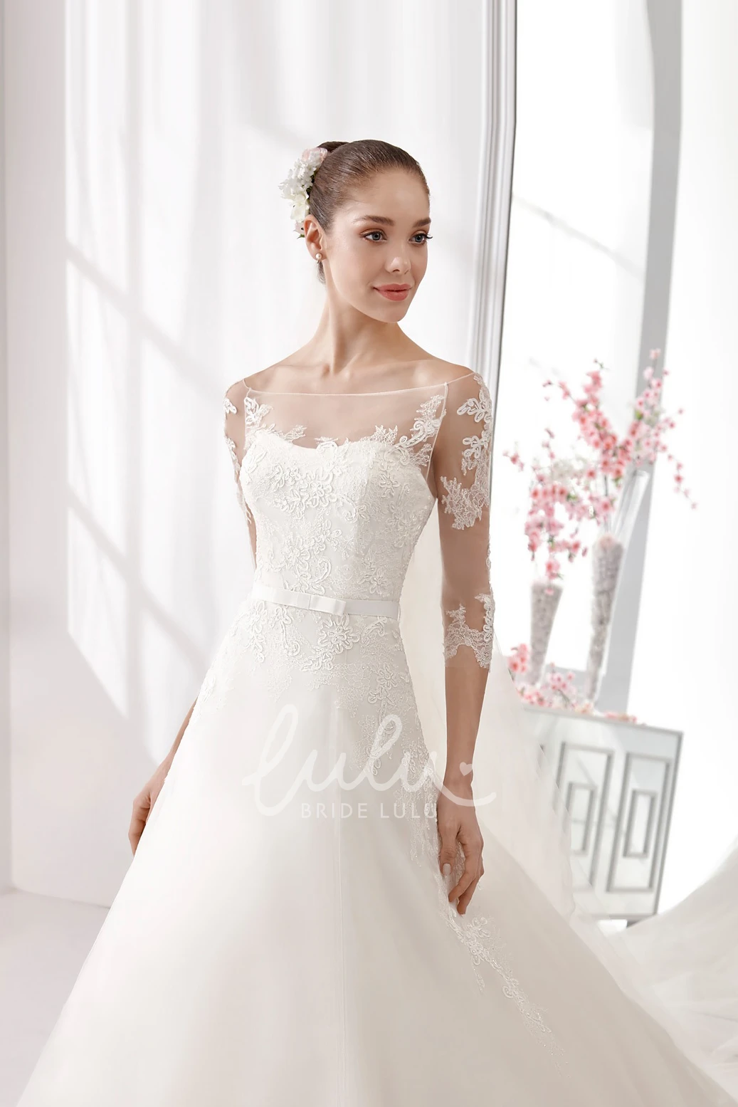 A-Line Wedding Dress with Satin Sash and Lace Bodice 3/4 Sleeves