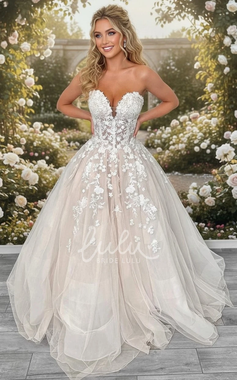 Sweetheart Lace A-Line Wedding Dress Sleeveless Tulle Ball Gown with Sheer Corset Top