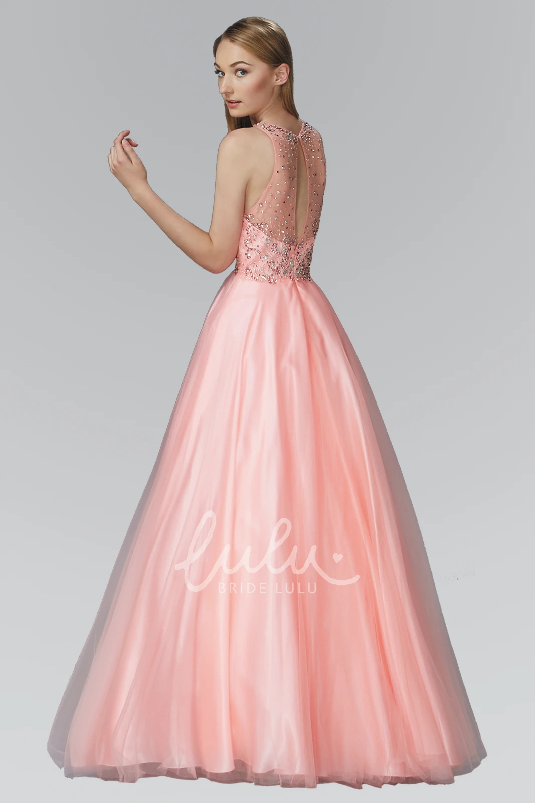 Satin Illusion Ball Gown Sleeveless Formal Dress with Beading