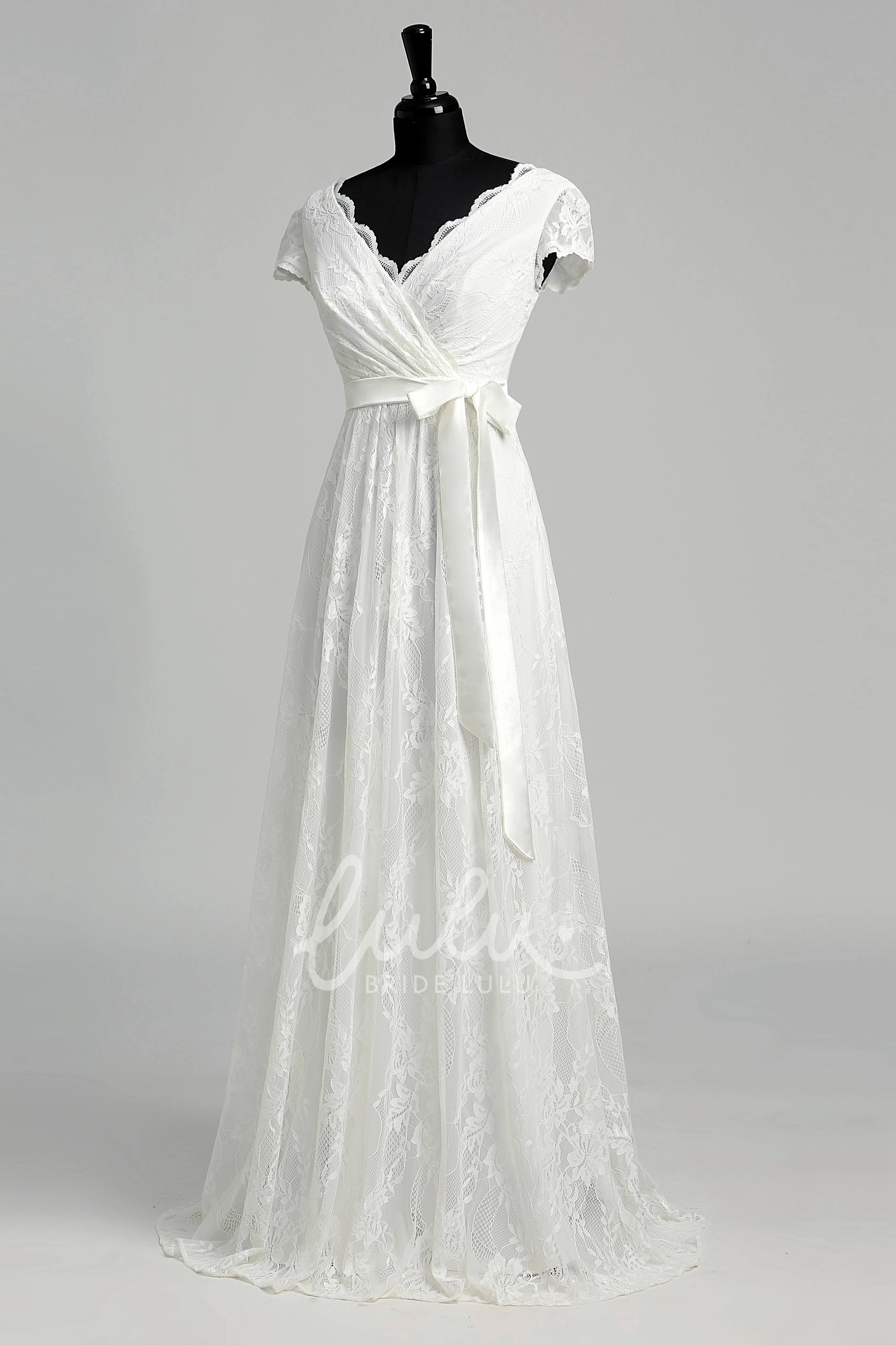 Illusion Lace A-line Wedding Dress with Scalloped V-neckline and Criss Cross Back