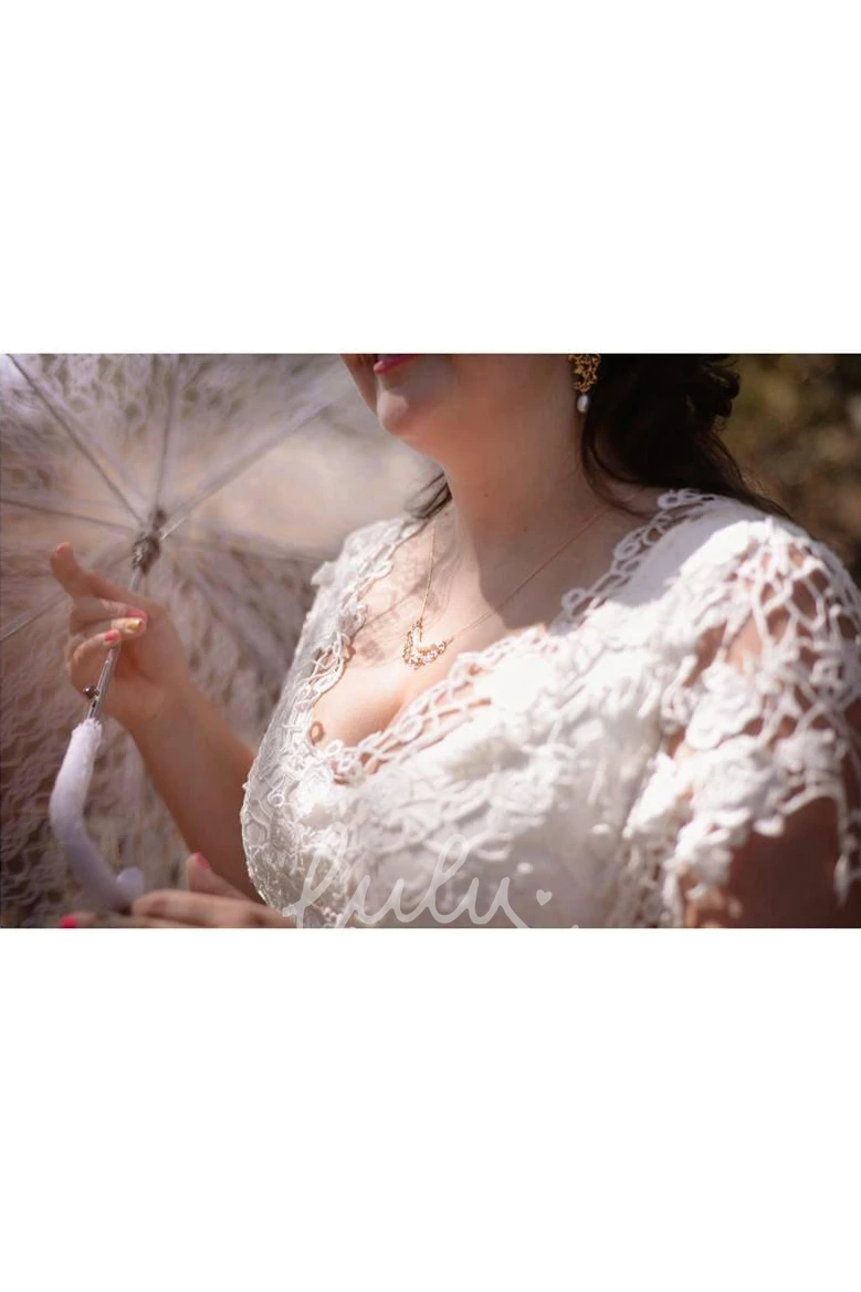 Plus Size V-Neck Lace Chiffon Wedding Dress with Short Sleeves Modern Wedding Dress