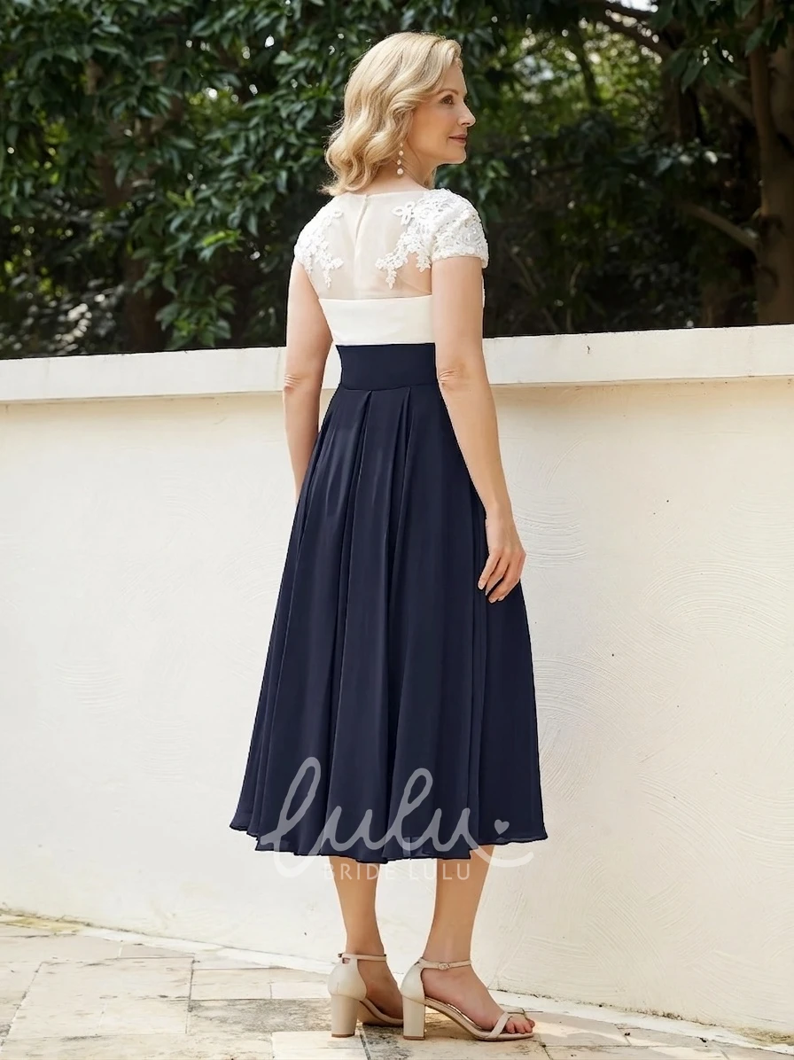 Petite Tea-length Sexy Elegant A-Line V-neck Lace Appliques Chiffon Short Cap Sleeve Mother of the Bride Guest Dress