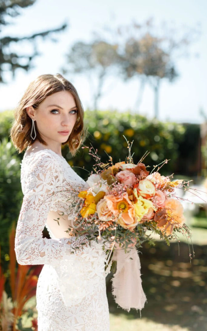 Bohemian Bateau Beach Wedding Dress with Illusion Back and Ruching Lace Sheath